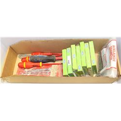 BOX OF ASST OIL SEALS AND HAND TOOLS