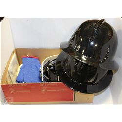 BOX WITH BLACK HARD HAT AND FACESHEILD AND GLOVES