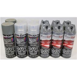 6 CANS OF PLASTIKOTE GREY AND 6 CANS OF ACRYLIC