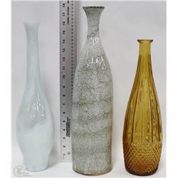 LOT OF 3 DECORATIVE BOTTLES (18”, 16.5” & 14”)
