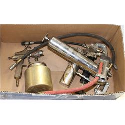 BOX W/ 2 GREASE GUNS, AIR TOOL AND 2 PAINT