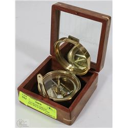BRONTON BRASS COMPASS, NATURAL SINE IN WOOD CASE