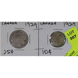 CANADA 1929 SILVER 25 CENT AND 10 CENT COINS