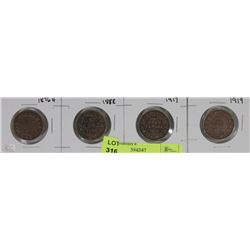 4 CANADIAN ONE CENT COINS INCL 1876, 1888, 1917 &