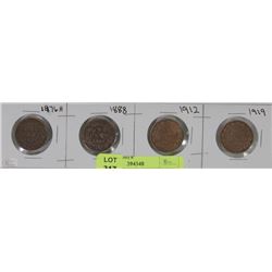 4 CANADIAN ONE CENT COINS INCL 1876,1888,1912 AND