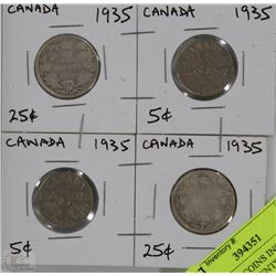4 CANADIAN COINS INCL. 1935 TWENTY FIVE CENTS(2)