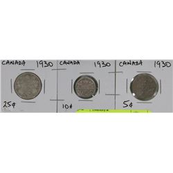3 CANADA SILVER COINS INCL 1930 TWENTY-FIVE CENT,