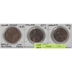 3 ONE CENT PENNIES INCL 1837 LOWER CANADA, 1897
