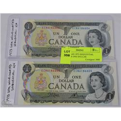 2 CANADIAN 1973 SEQUENTIAL SERIAL #'S ONE DOLLAR
