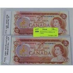 TWO 1974 SEQUENTIAL SERIAL #'S CANADA $2 BILL