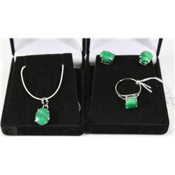 3PC 925 SILVER AND EMERALD EARRINGS, PENDANT AND