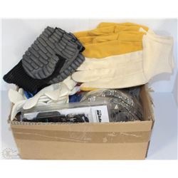 BOX OF ASSORTED WORK GLOVES AND MORE