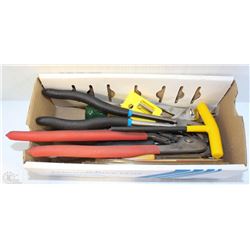 BOX OF ASSORTED HAND TOOLS INCL PLIERS, WRENCH &