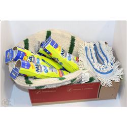 BOX OF ASSORTED CLEANING SUPPLIES INCL MOP HEADS,