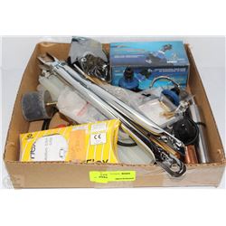 BOX OF ASST ITEMS INCL SUPREME CHASIS PARTS, VALVE