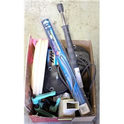 BOX OF ASSORTED ITEMS INCL WIPER BLADE, SIGNAGE,