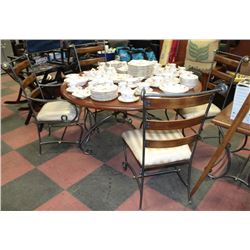 ROUND WOODEN TOP DINING TABLE W/ DECORATIVE METAL