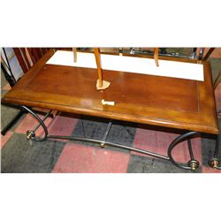 WOODEN TOP COFFEE TABLE W/ DECORATIVE METAL BASE