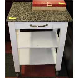 KITCHEN CABINET W/ MARBLE TOP ON WHEELS
