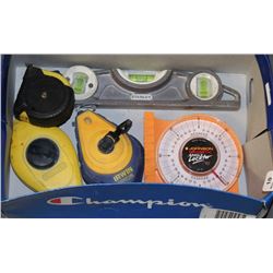 BOX W/ CHALK MARKERS, LEVEL, ANGLE LOCATOR