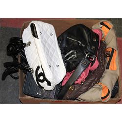 BOX OF PURSES INCL. PRADA, GUESS, APPLE