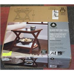 NEW HOMETRENDS GLASS TOP END TABLE ,CHERRY WOOD,
