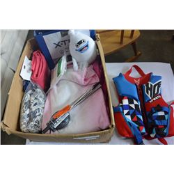 BOX OF NEW BEACH TOWELS AND HOUSEHOLD ITEMS