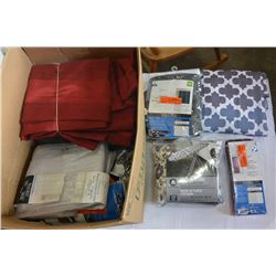 BOX OF NEW ASSORTED CURTAINS, SHEETS, COVERS, ETC.