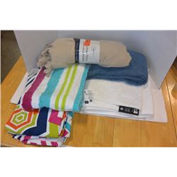 TRAY OF NEW TOWELS AND FLEECE THROW