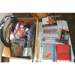 BOX OF CAR ELECTRONICS, PHONE CASES, & HOUSEHOLD ITEMS