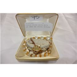 VINTAGE BULOVA LADIES WATCH AND AMBER AND CRYSTAL NECKLACE