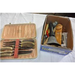 COLLECTIBLE WOOD WARE AND NUT CRACKERS AND CASED KNIFE SET