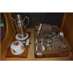 CHEESE TRAY WITH TEAPOT AND LOT OF BAR GLASSES