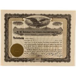 M.W. Savage Factories Incorporated Stock Certificate (Mail Order)