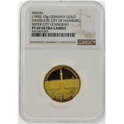 1990 10g Germany Gold Hamburg Sister City Leningrad Medal NGC Graded PF69 Ultra
