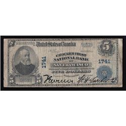 1902 $5 Plain Back Crocker First National Bank of San Francisco Currency Note