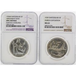 1936B Switzerland NGC UNC Details and 1939 Switzerland 5 Francs Coins NGC MS63