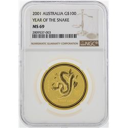 2001 Australia $100 Year of the Snake Gold Coin NGC MS69