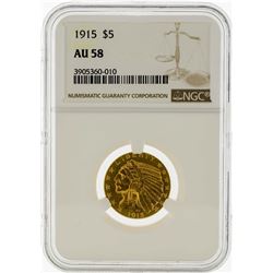 1915 $5 Indian Head Half Eagle Gold Coin NGC AU58