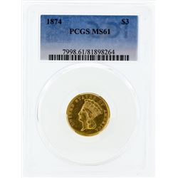 1874 $3 Indian Princess Head Gold Coin PCGS MS61