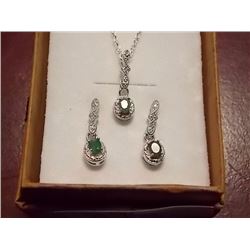 NECKLACE & EARRINGS SET - .075CT GREEN EMERALD & DIAMONDS IN STERLING SILVER SETTING - INCLUDES CERT