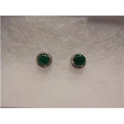 EARRINGS - NEW ROUND FACETED EMERALD & DIAMOND IN STERLING SILVER STUD DESIGNED SETTING - RETAIL EST