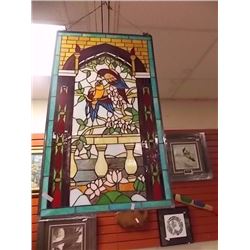 LEADED STAINED GLASS PANEL - PARROTS - 21 X 33"