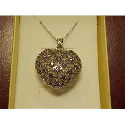 NECKLACE - 20 ROUND FACETTED AMETHYST IN STERLING SILVER 3D PUFF HEART DESIGN - INCLUDES CERTIFICATE