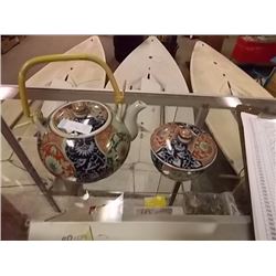 HAND PAINTED TEA POT & LIDDED DISH - BAMBOO HANDLE