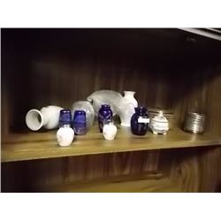 SHELF LOT COLLECTABLES, VASES, COASTERS