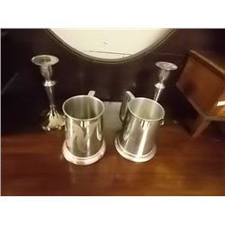 PEWTER BEER MUGS (2) AND CANDLE HOLDERS