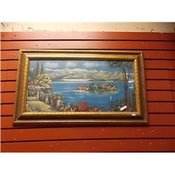 GOLD FRAMED PICTURE -ISLAND IN THE LAKE - 33" X 19