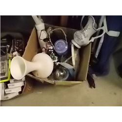 SHELF LOT OF GLASSES, TEA POT, ALARM CLOCK