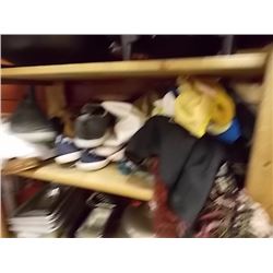 SHELF LOT OF SHOES, SLIPPERS SKATES SCARFFS